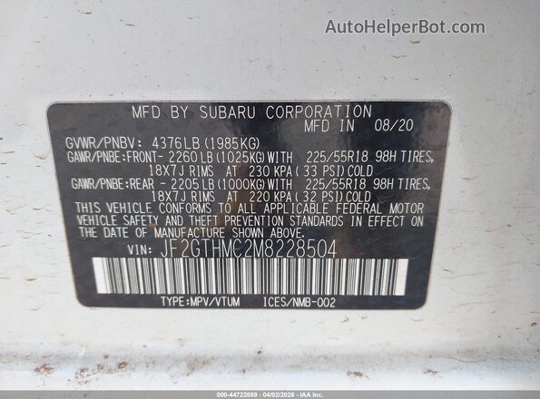 JF2GTHMC2M8228504 2021 SUBARU CROSSTREK White Շարժիչի բաժամունքի տեսք