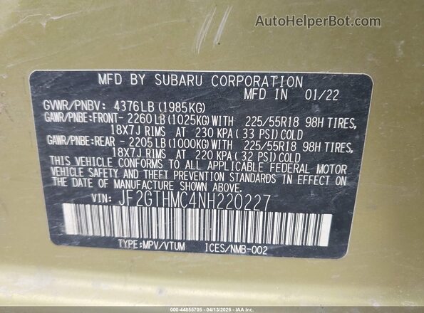 JF2GTHMC4NH220227 2022 SUBARU CROSSTREK Зеленый Вид подкапотного пространства