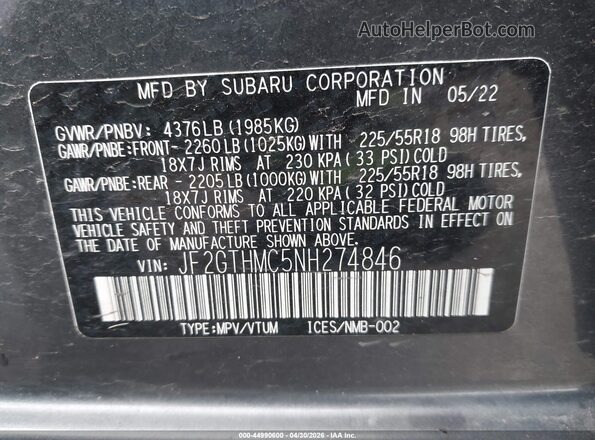 JF2GTHMC5NH274846 2022 SUBARU CROSSTREK Gray Շարժիչի բաժամունքի տեսք