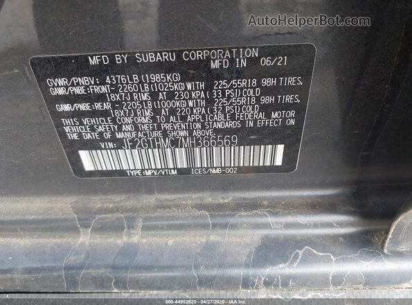 JF2GTHMC7MH366569 2021 SUBARU CROSSTREK Gray Շարժիչի բաժամունքի տեսք