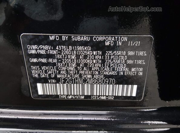 JF2GTHNC2M8680970 2021 SUBARU CROSSTREK Black Շարժիչի բաժամունքի տեսք