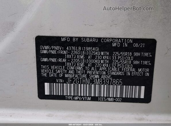 JF2GTHNC3M8397865 2021 SUBARU CROSSTREK White Widok komory silnika