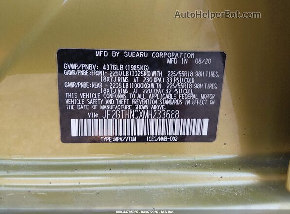 JF2GTHNCXMH233688 2021 SUBARU CROSSTREK Black Вид підкапотного простору