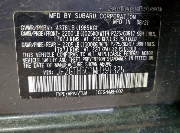 JF2GTHSC1MH391325 2021 SUBARU CROSSTREK Серый Вид наклейки с VIN-кодом