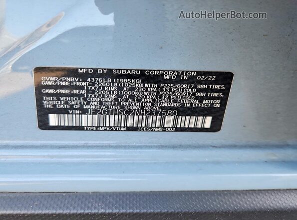 JF2GTHSC2NH237580 2022 SUBARU CROSSTREK Blue Widok komory silnika
