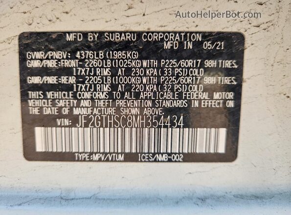 JF2GTHSC8MH354434 2021 SUBARU CROSSTREK White VIN կոդի պիտակի տեսք