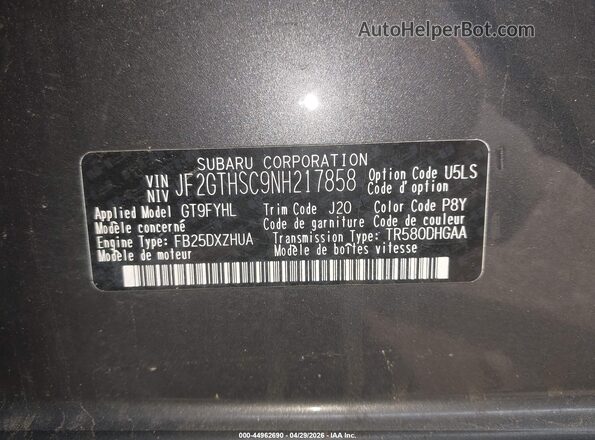JF2GTHSC9NH217858 2022 SUBARU CROSSTREK Gray Widok komory silnika