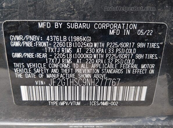 JF2GTHSC9NH277767 2022 SUBARU CROSSTREK Серый Вид подкапотного пространства
