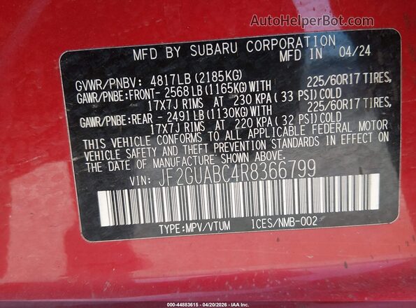 JF2GUABC4R8366799 2024 SUBARU CROSSTREK Красный Вид подкапотного пространства