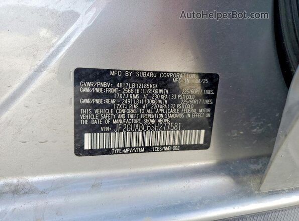 JF2GUABC6SH277581 2025 SUBARU CROSSTREK Silver Engine compartment view