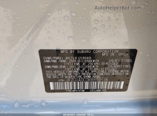 JF2GUADC0R8892876 2024 SUBARU CROSSTREK White Widok komory silnika