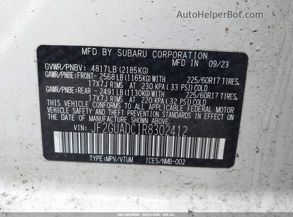 JF2GUADC1R8302412 2024 SUBARU CROSSTREK White Engine compartment view