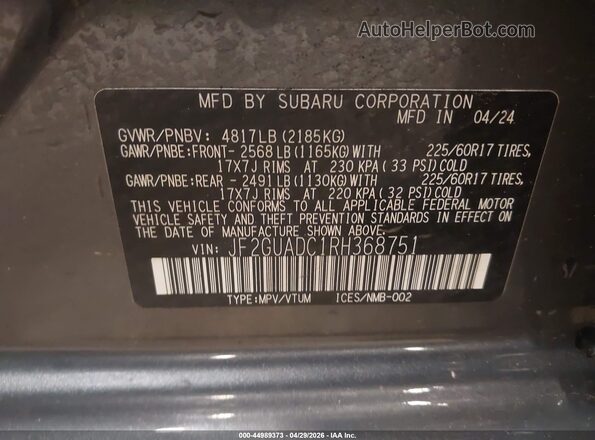 JF2GUADC1RH368751 2024 SUBARU CROSSTREK Gray ძრავის განყოფილების ხედი