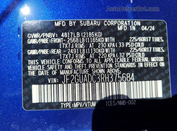 JF2GUADC3RH375684 2024 SUBARU CROSSTREK Синий Вид подкапотного пространства