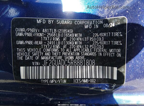 JF2GUADC5R8881808 2024 SUBARU CROSSTREK Blue Շարժիչի բաժամունքի տեսք