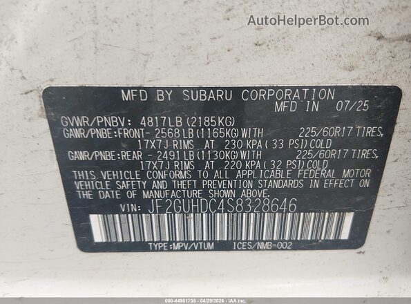 JF2GUHDC4S8328646 2025 SUBARU CROSSTREK Белый Вид подкапотного пространства