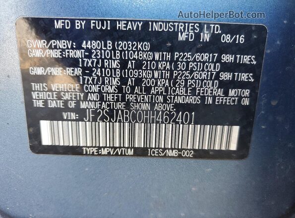JF2SJABC0HH462401 2017 SUBARU FORESTER 2.5 Blue Widok naklejki z numerem VIN