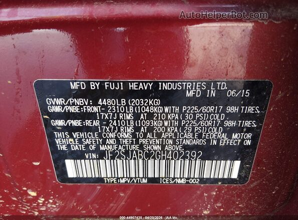 JF2SJABC2GH402392 2016 SUBARU FORESTER 2.5 Red ძრავის განყოფილების ხედი