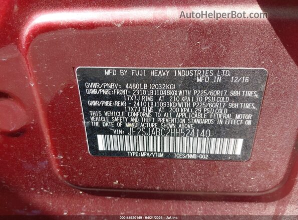 JF2SJABC2HH524140 2017 SUBARU FORESTER 2.5 Red Widok komory silnika