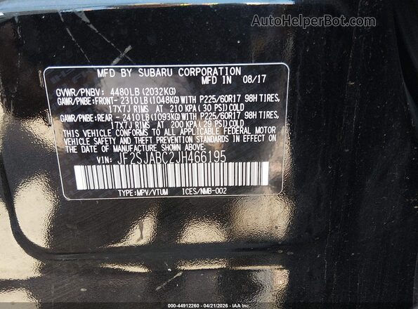 JF2SJABC2JH466195 2018 SUBARU FORESTER 2.5 Black Engine compartment view