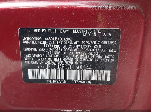 JF2SJABC7GH500544 2016 SUBARU FORESTER 2.5 Red Engine compartment view