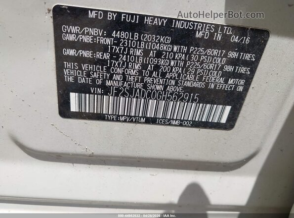 JF2SJADC0GH562915 2016 SUBARU FORESTER 2.5 White Շարժիչի բաժամունքի տեսք