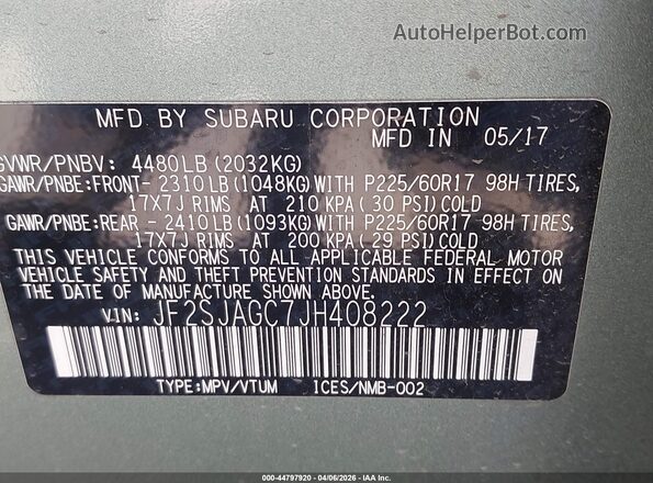 JF2SJAGC7JH408222 2018 SUBARU FORESTER 2.5 Turquoise Вид підкапотного простору