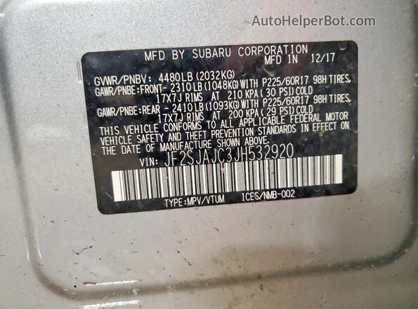 JF2SJAJC3JH532920 2018 SUBARU FORESTER 2.5 Silver Вид наклейки з VIN-кодом
