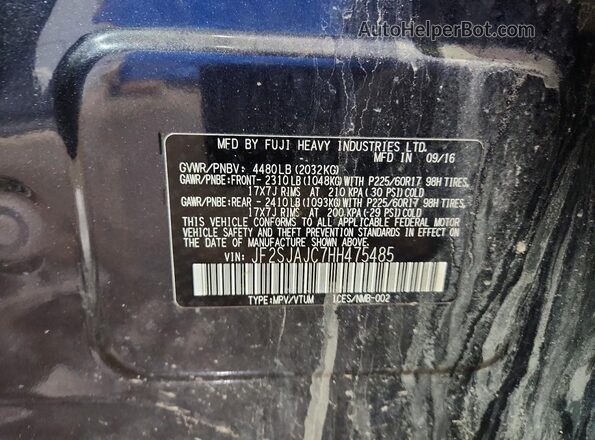 JF2SJAJC7HH475485 2017 SUBARU FORESTER 2.5 Charcoal VIN sticker view