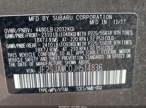 JF2SJAWC0JH514836 2018 SUBARU FORESTER 2.5I TO Gray Շարժիչի բաժամունքի տեսք