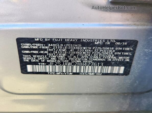 JF2SJAWC2HH427613 2017 SUBARU FORESTER 2.5I TO Silver VIN კოდის სტიკერის ხედი