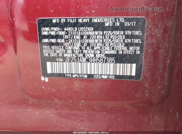 JF2SJAWC3HH587385 2017 SUBARU FORESTER 2.5I TO Red Vista del compartimento del motor