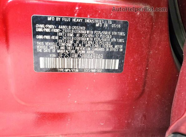JF2SJAWC5HH449749 2017 SUBARU FORESTER 2.5I TO Burgundy VIN კოდის სტიკერის ხედი