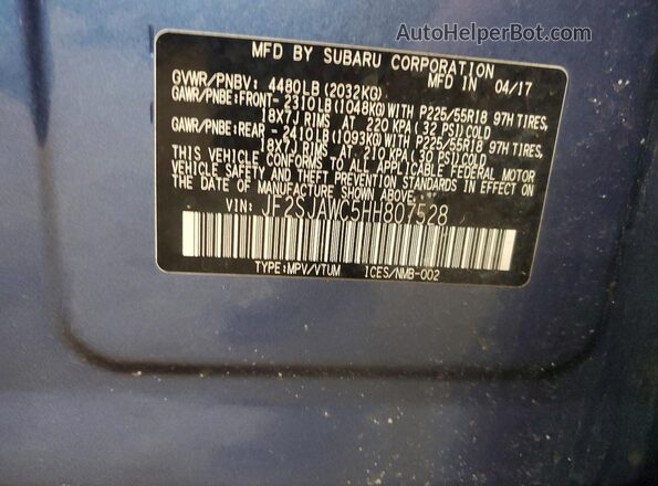 JF2SJAWC5HH807528 2017 SUBARU FORESTER 2.5I TO Blue VIN sticker view