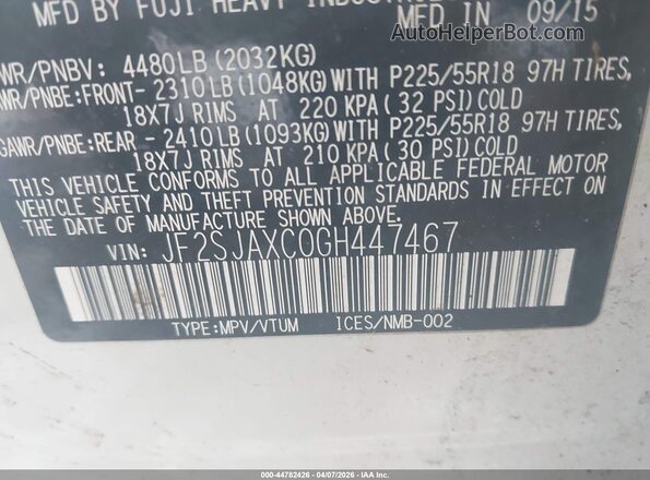 JF2SJAXC0GH447467 2016 SUBARU FORESTER 2.5I TO White ძრავის განყოფილების ხედი