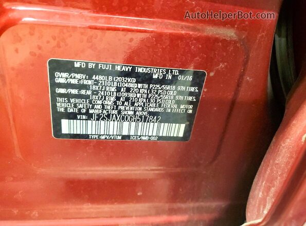 JF2SJAXC0GH517842 2016 SUBARU FORESTER 2.5I TO Maroon სალონის 360-გრადუსიანი ხედი
