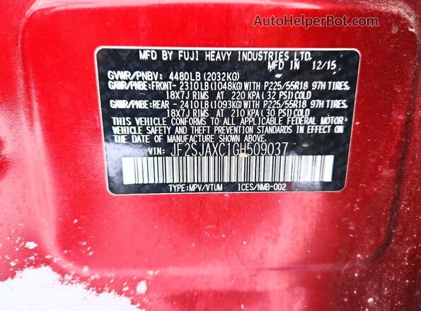 JF2SJAXC1GH509037 2016 SUBARU FORESTER 2.5I TO Maroon Vista del compartimento del motor