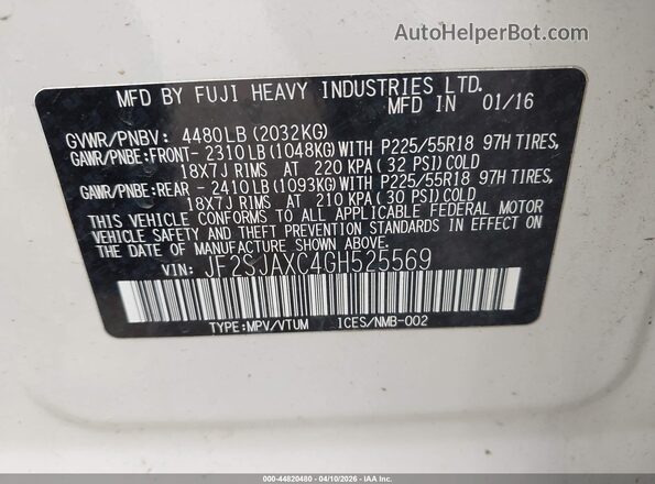 JF2SJAXC4GH525569 2016 SUBARU FORESTER 2.5I TO White Vista del compartimento del motor