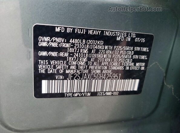 JF2SJAXC5GH425951 2016 SUBARU FORESTER 2.5I TO Green Widok naklejki z numerem VIN