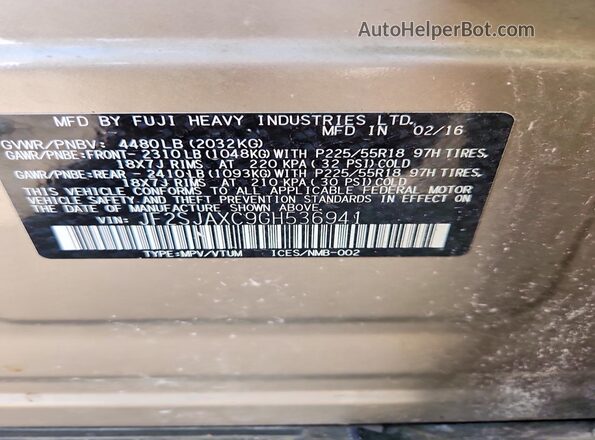 JF2SJAXC9GH536941 2016 SUBARU FORESTER 2.5I TO Tan VIN კოდის სტიკერის ხედი