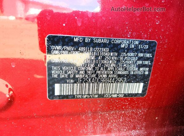 JF2SKADC9RH442952 2024 SUBARU FORESTER Red სალონის 360-გრადუსიანი ხედი
