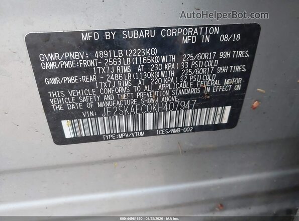 JF2SKAEC0KH407947 2019 SUBARU FORESTER Silver Vista del compartimento del motor