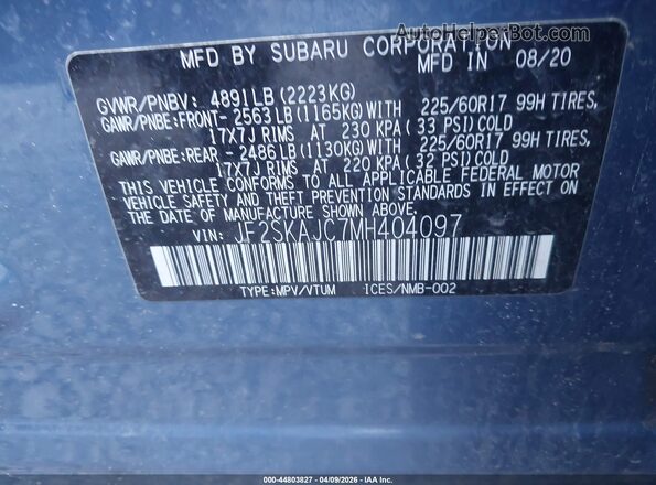 JF2SKAJC7MH404097 2021 SUBARU FORESTER Синий Вид подкапотного пространства