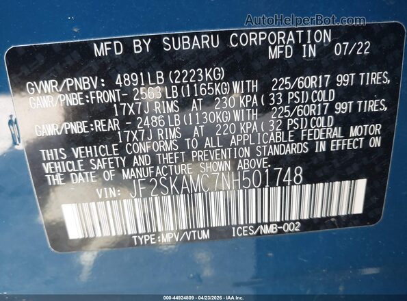 JF2SKAMC7NH501748 2022 SUBARU FORESTER Blue Շարժիչի բաժամունքի տեսք