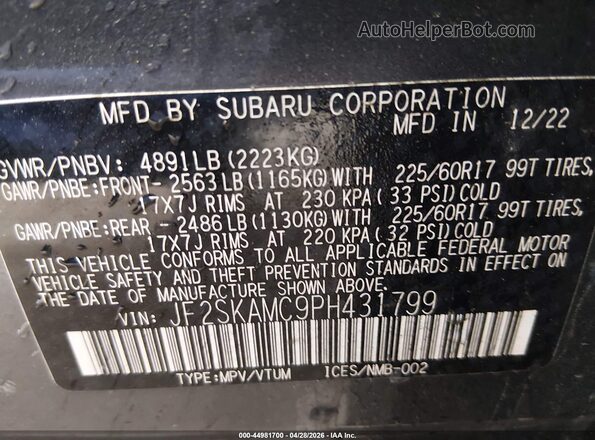 JF2SKAMC9PH431799 2023 SUBARU FORESTER Gray Engine compartment view