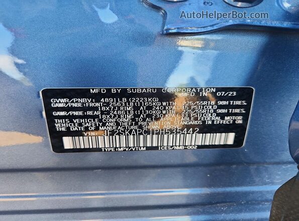 JF2SKAPC1PH535442 2023 SUBARU FORESTER Blue VIN კოდის სტიკერის ხედი
