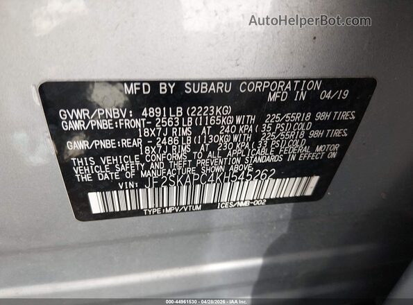 JF2SKAPC4KH545262 2019 SUBARU FORESTER Silver Вид підкапотного простору