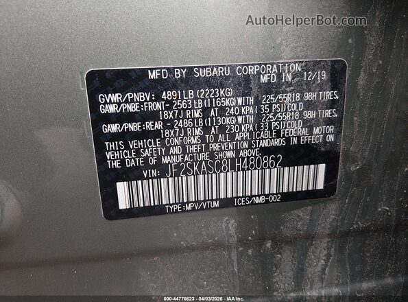 JF2SKASC8LH480862 2020 SUBARU FORESTER Green Вид підкапотного простору