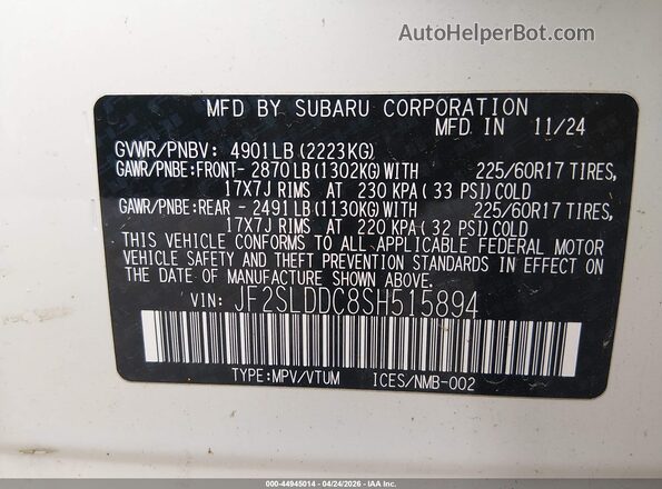 JF2SLDDC8SH515894 2025 SUBARU FORESTER White Շարժիչի բաժամունքի տեսք