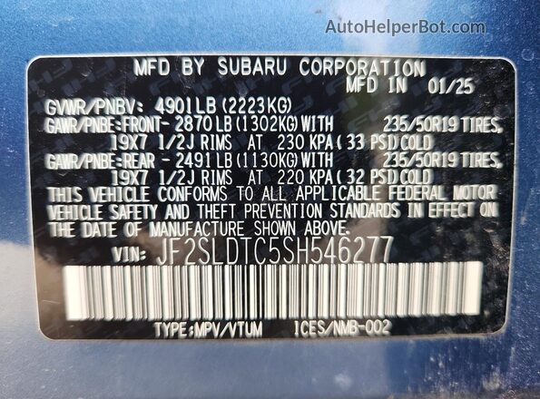 JF2SLDTC5SH546277 2025 SUBARU FORESTER Blue Widok wnętrza 360 stopni
